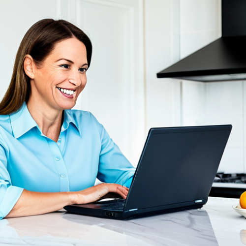 The Savvy Shopper**

"A woman in her early 40s, smiling confidently while reviewing car insurance quotes on a laptop in a bright, modern kitchen. She's wearing a stylish, professional blouse and slacks, fully clothed, appropriate attire. A family-friendly atmosphere with a glimpse of her children playing in the background. The scene conveys financial responsibility and smart decision-making. Safe for work, perfect anatomy, natural proportions, professional photography, high quality, insurance concept illustration, daytime setting."

**