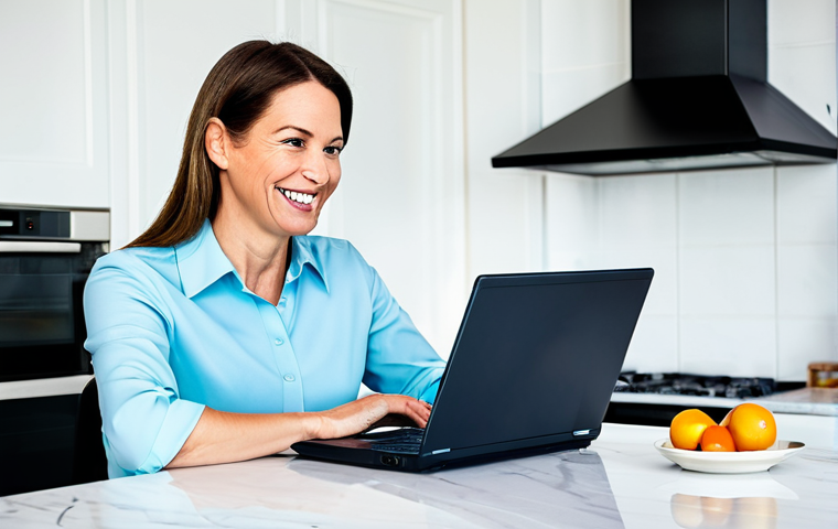 The Savvy Shopper**

"A woman in her early 40s, smiling confidently while reviewing car insurance quotes on a laptop in a bright, modern kitchen. She's wearing a stylish, professional blouse and slacks, fully clothed, appropriate attire. A family-friendly atmosphere with a glimpse of her children playing in the background. The scene conveys financial responsibility and smart decision-making. Safe for work, perfect anatomy, natural proportions, professional photography, high quality, insurance concept illustration, daytime setting."

**