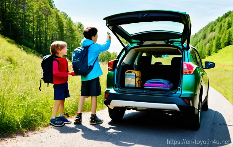 토요타 라브4 하이브리드와 테슬라 모델 Y 비교 - **Prompt for Toyota RAV4 Hybrid - Family Outdoor Adventure:**
    "A 2025 Toyota RAV4 Hybrid, in a v...