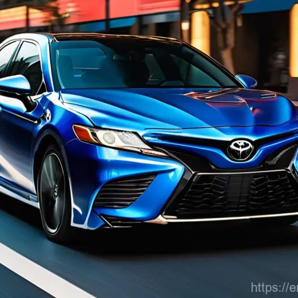 토요타 캠리의 최신 디자인 리뷰 - **Prompt for Front Exterior View:**
    A low-angle, eye-level shot of a brand new, aggressive-looki...