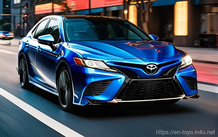 토요타 캠리의 최신 디자인 리뷰 - **Prompt for Front Exterior View:**
    A low-angle, eye-level shot of a brand new, aggressive-looki...