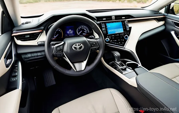 토요타 캠리의 최신 디자인 리뷰 - **Prompt for Front Exterior View:**
    A low-angle, eye-level shot of a brand new, aggressive-looki...