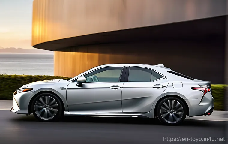 토요타 캠리의 최신 디자인 리뷰 - **Prompt for Interior Driver's Cockpit View:**
    An immersive, slightly wide-angle shot from the p...