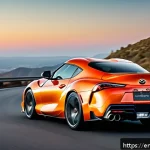 Home 15 토요타 수프라의 주행 성능 리뷰 - A sleek Toyota Supra sports car in motion on a winding mountain road during golden hour, showcasing ...