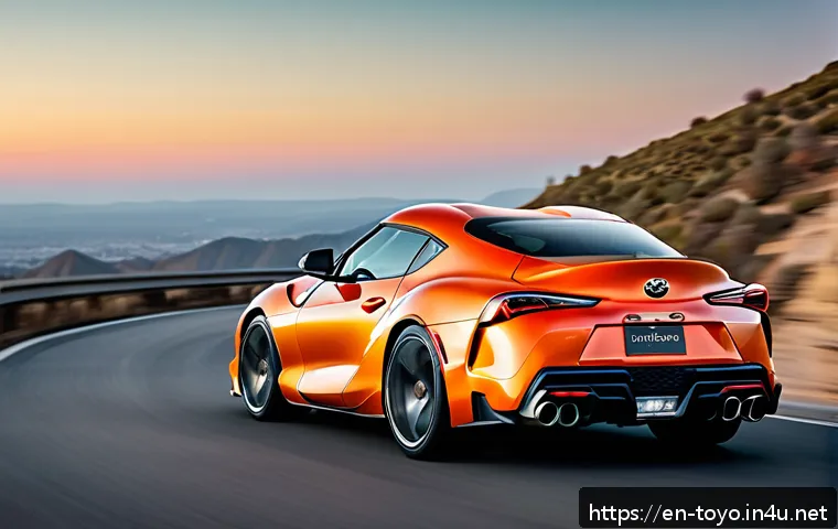 토요타 수프라의 주행 성능 리뷰 - A sleek Toyota Supra sports car in motion on a winding mountain road during golden hour, showcasing ...