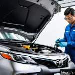 Home 14 토요타 캠리 하이브리드의 유지보수 비용 - A detailed, realistic garage scene showing a skilled certified hybrid technician performing maintena...