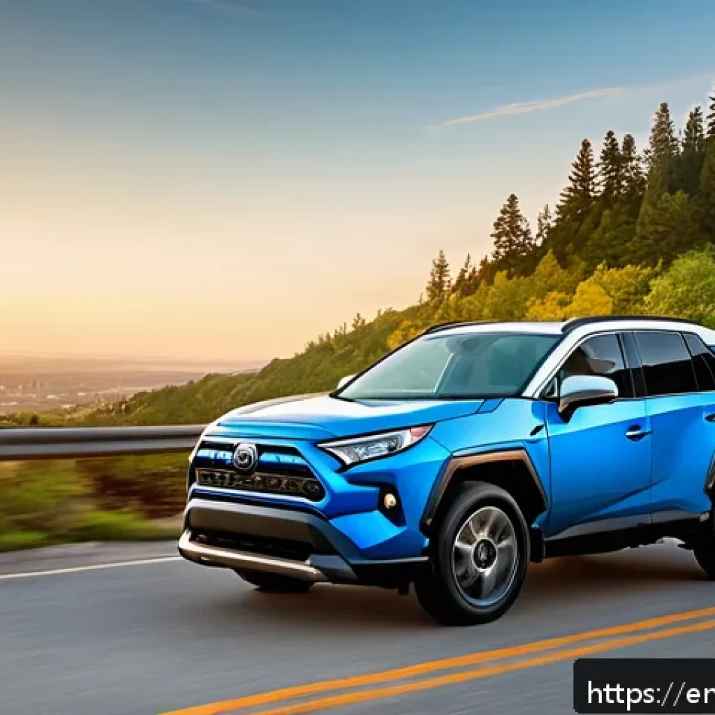 토요타 라브4 하이브리드의 고객 후기 - A sleek 2024 Toyota RAV4 Hybrid parked on a scenic highway overlook during golden hour, showcasing i...