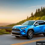 Home 19 토요타 라브4 하이브리드의 고객 후기 - A sleek 2024 Toyota RAV4 Hybrid parked on a scenic highway overlook during golden hour, showcasing i...