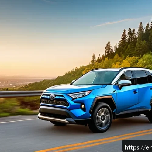 Home 13 토요타 라브4 하이브리드의 고객 후기 - A sleek 2024 Toyota RAV4 Hybrid parked on a scenic highway overlook during golden hour, showcasing i...
