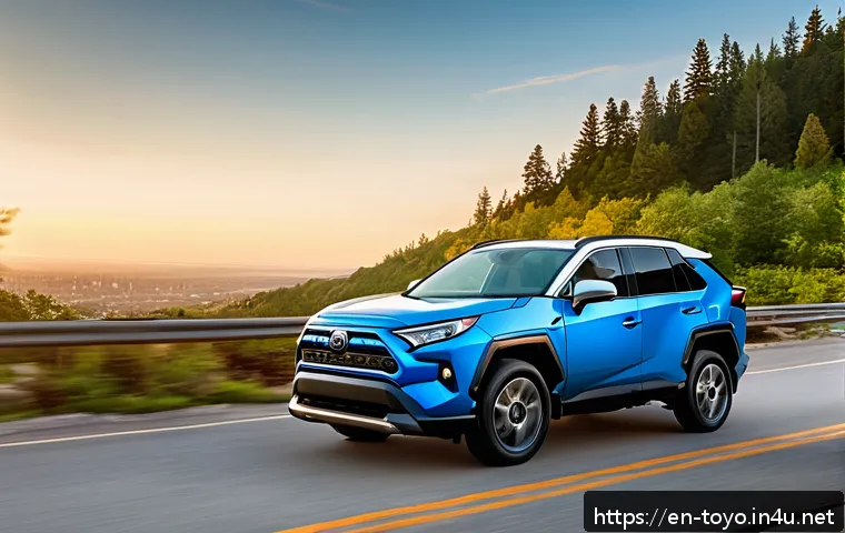 토요타 라브4 하이브리드의 고객 후기 - A sleek 2024 Toyota RAV4 Hybrid parked on a scenic highway overlook during golden hour, showcasing i...