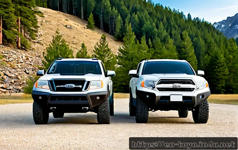 Home 17 토요타 타코마와 포드 레인저 비교 - Photorealistic side-by-side comparison of two midsize pickup trucks, one rugged off-road styled and ...
